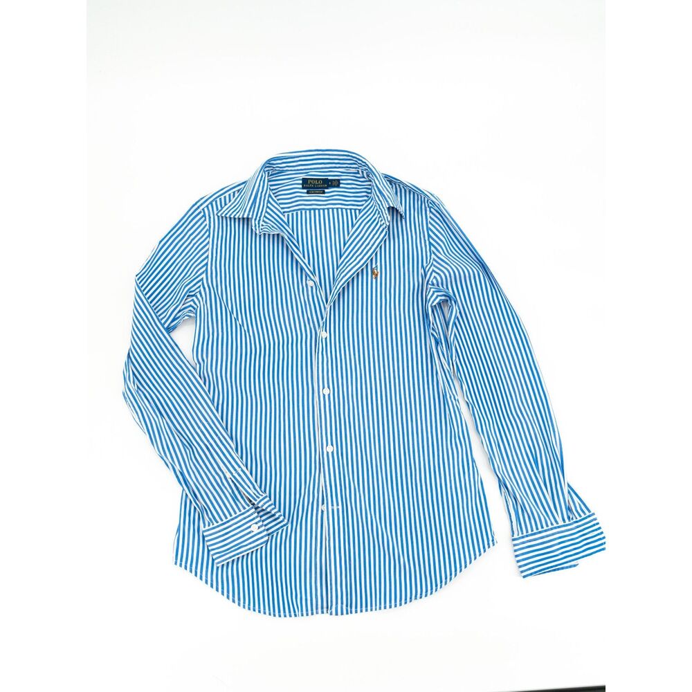 Polo Ralph Lauren Womens S Button Up Shirt Slim Stretch Blue White Stripes Top